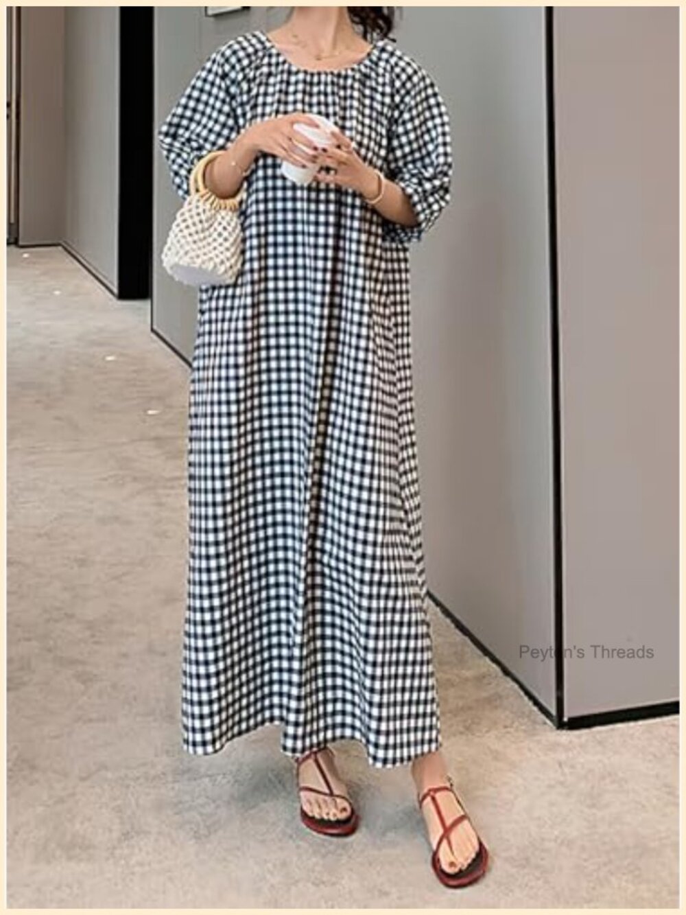 Gingham Loose-Fit Swing Midi Dress with Lantern Puff Sleeves - Picture 2 of 7